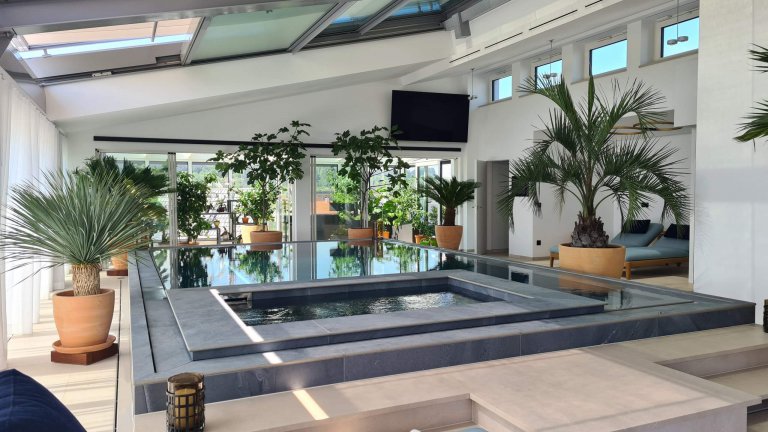 Privater Wellnessbereich mit Schwimmbad und Pflanzen