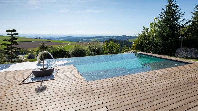 Pool mit Natursteinboden, Überlauf, Schwalldusche