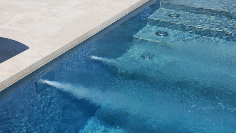 Rechteckpool mit Massagedüsen, Innenverkleidung mit Feinsteinzeug